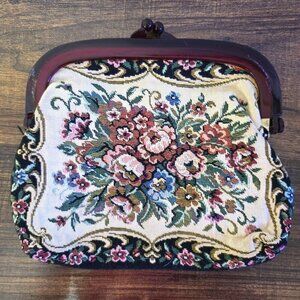Vintage Floral Needlepoint Clutch Purse With Maroon Frame & Kiss Lock Closure